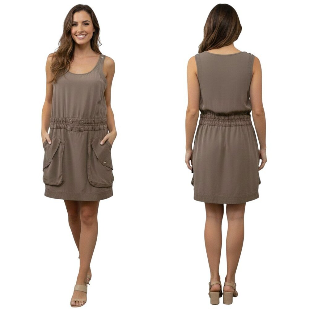 BCBGMAXAZRIA 100% Silk Cargo Tank Dress XS Army Green Utility Shift Midi